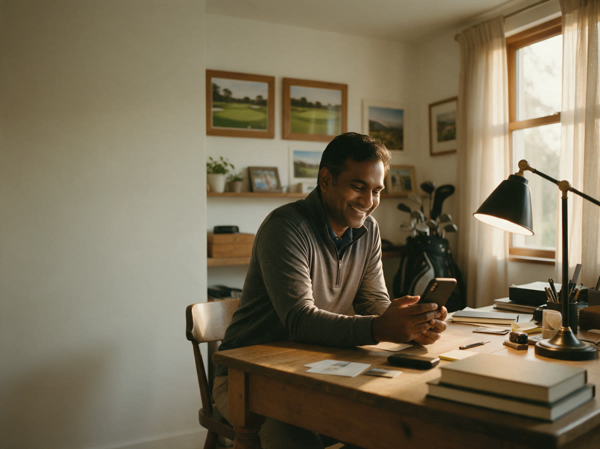 A golf coach in his office smiling at his phone