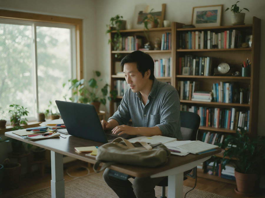 A language tutor answering questions at his desk