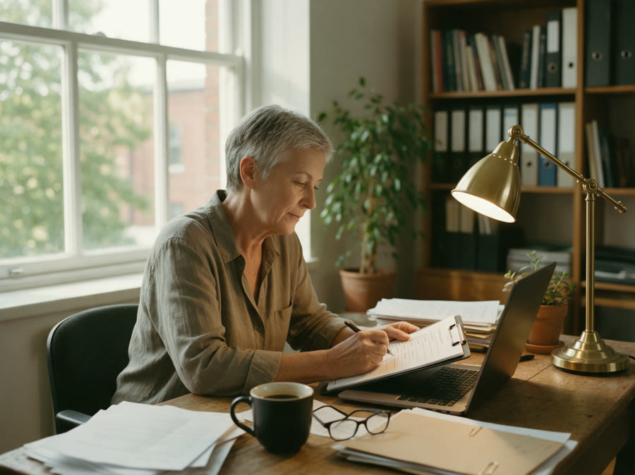 A business mentor working through her checklist