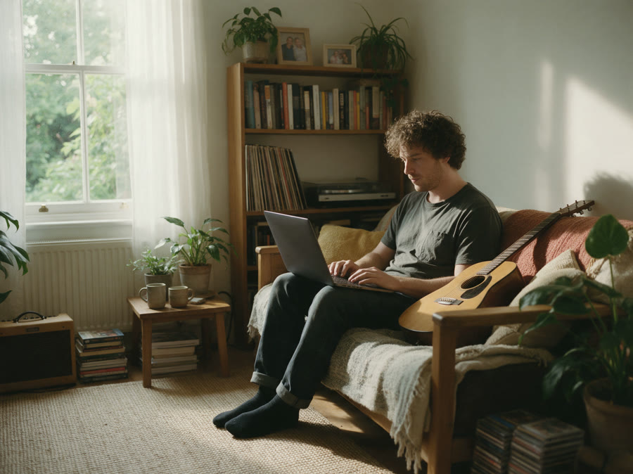 A guitar teacher filling in a form on his laptop