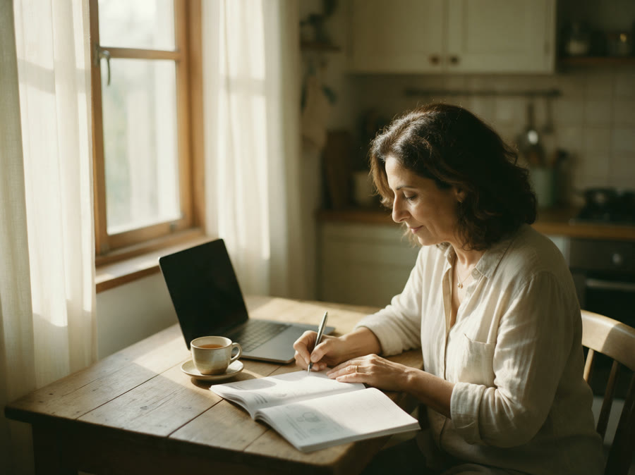 A life coach writing her answers in the workbook