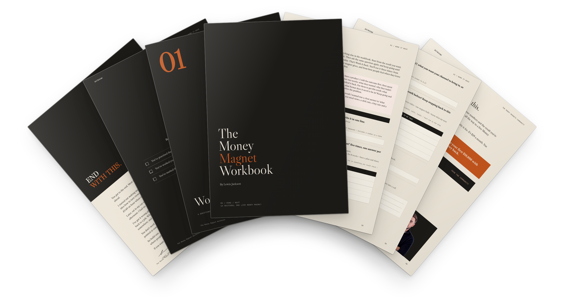 Pages from the Money Magnet Workbook: the cover, a section divider, worksheets with worked examples and tables, an action step, and a letter from Lewis